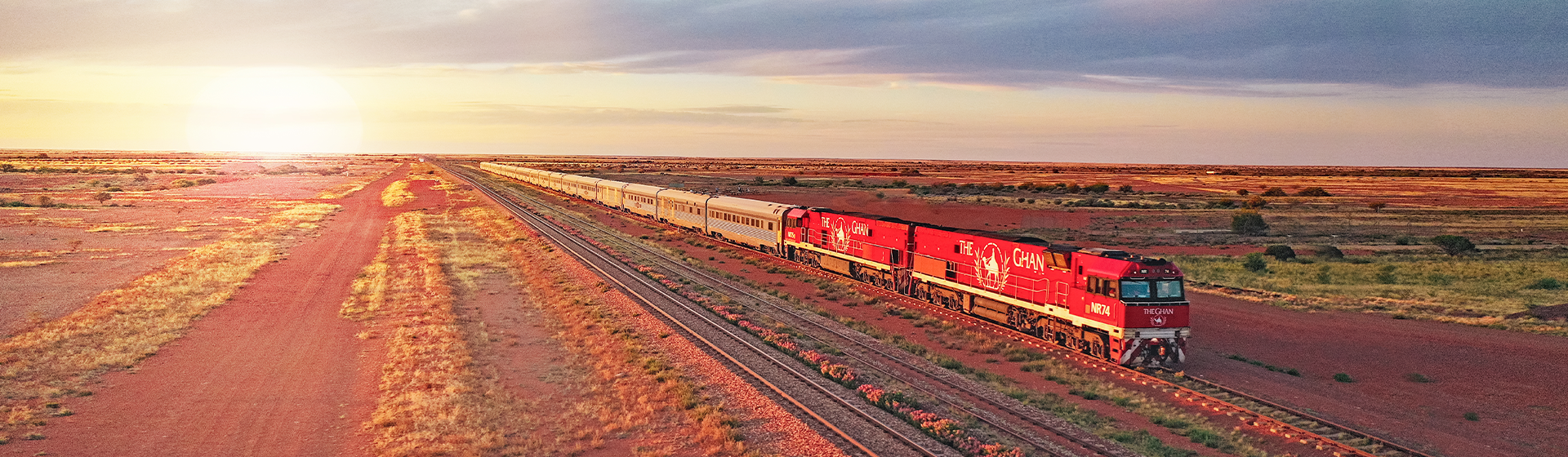 The Ghan Railway travelling through the Australian outback.